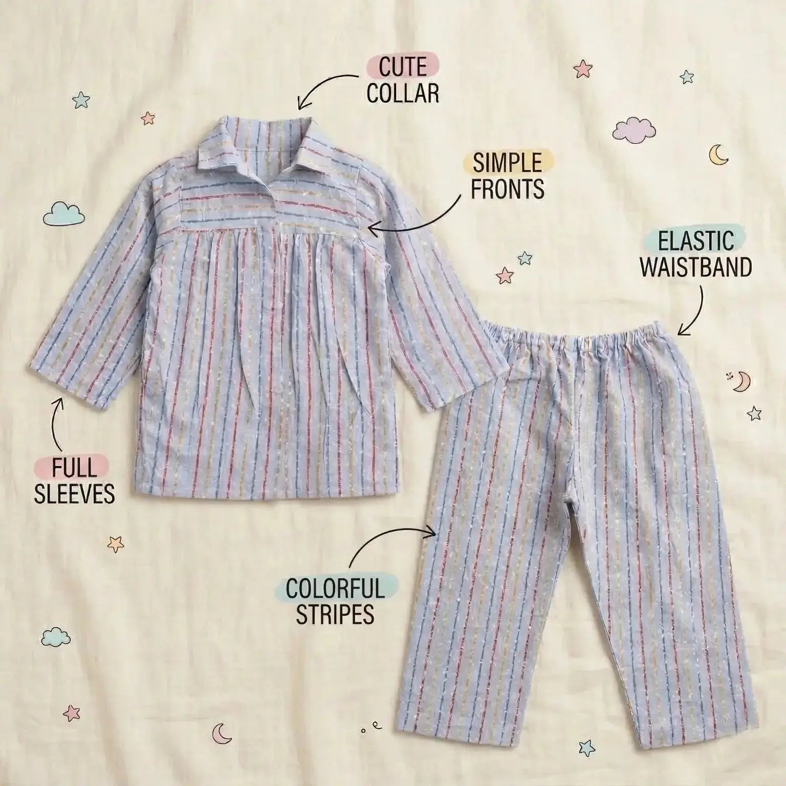 Blue Striped Pleated Full Sleeve Co-ord Set