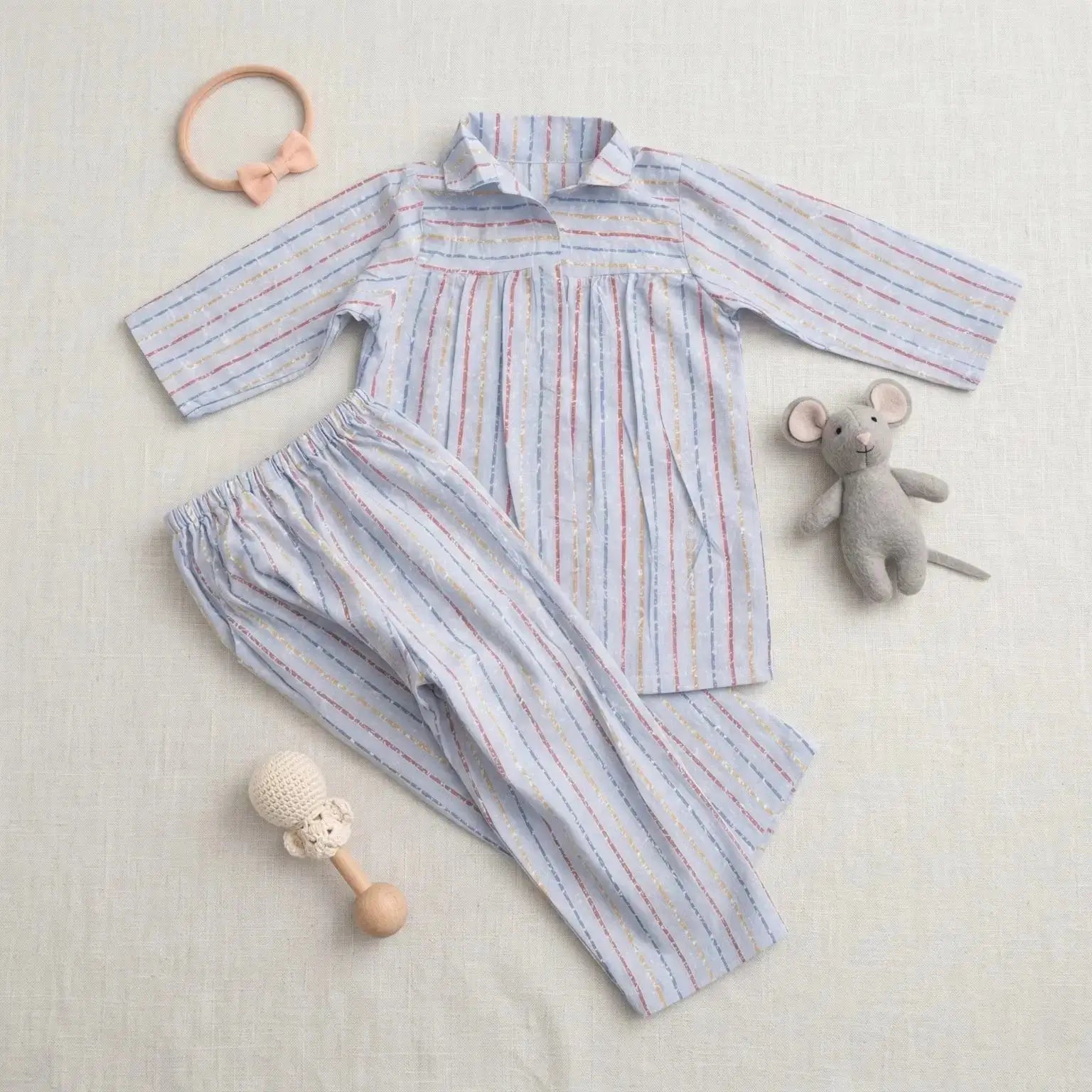 Blue Striped Pleated Full Sleeve Co-ord Set Momuko Kids