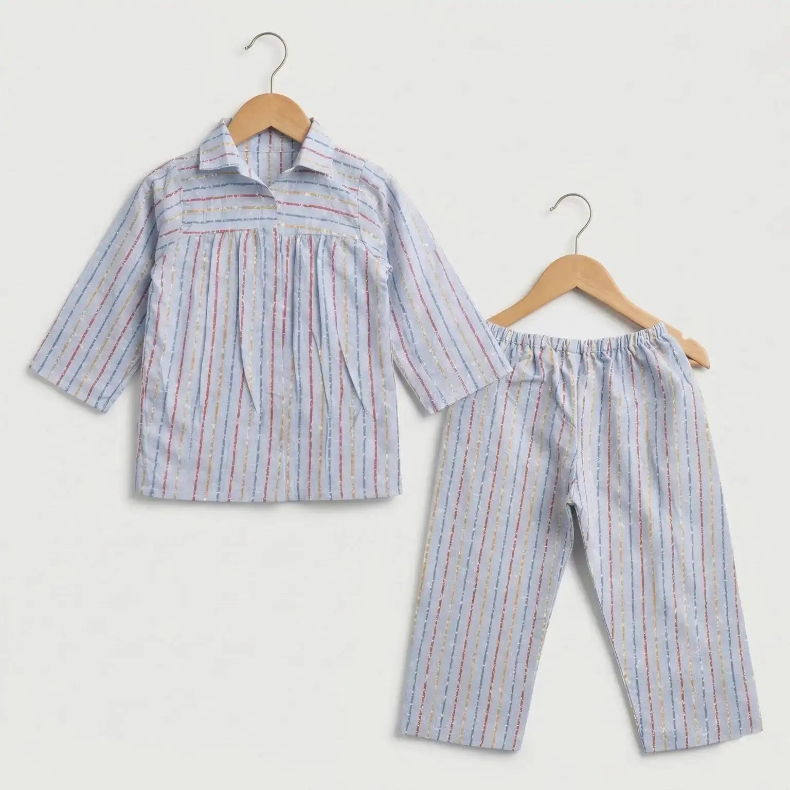 Blue Striped Pleated Full Sleeve Co-ord Set