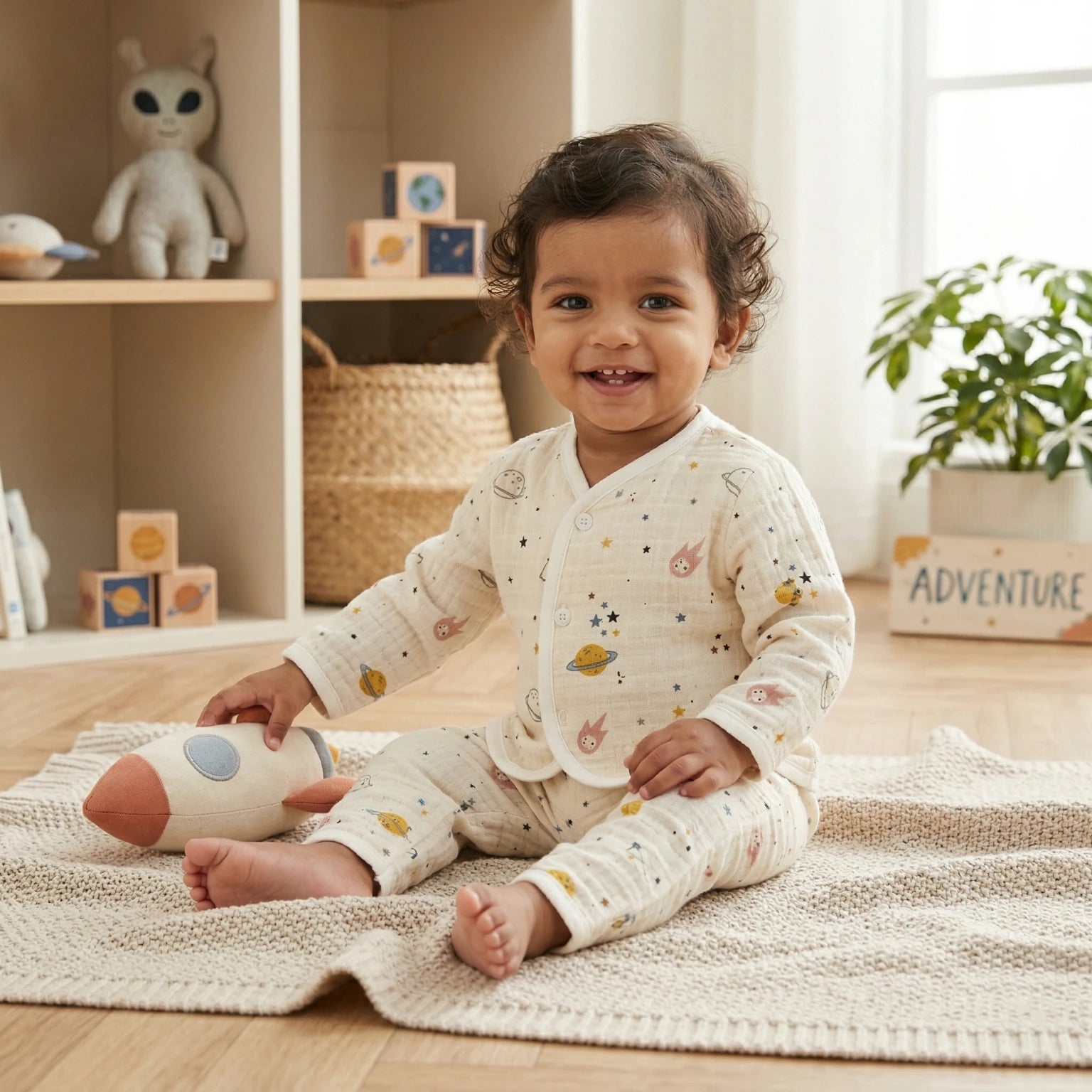 Cream Stars – Full Sleeve Muslin Night Suit