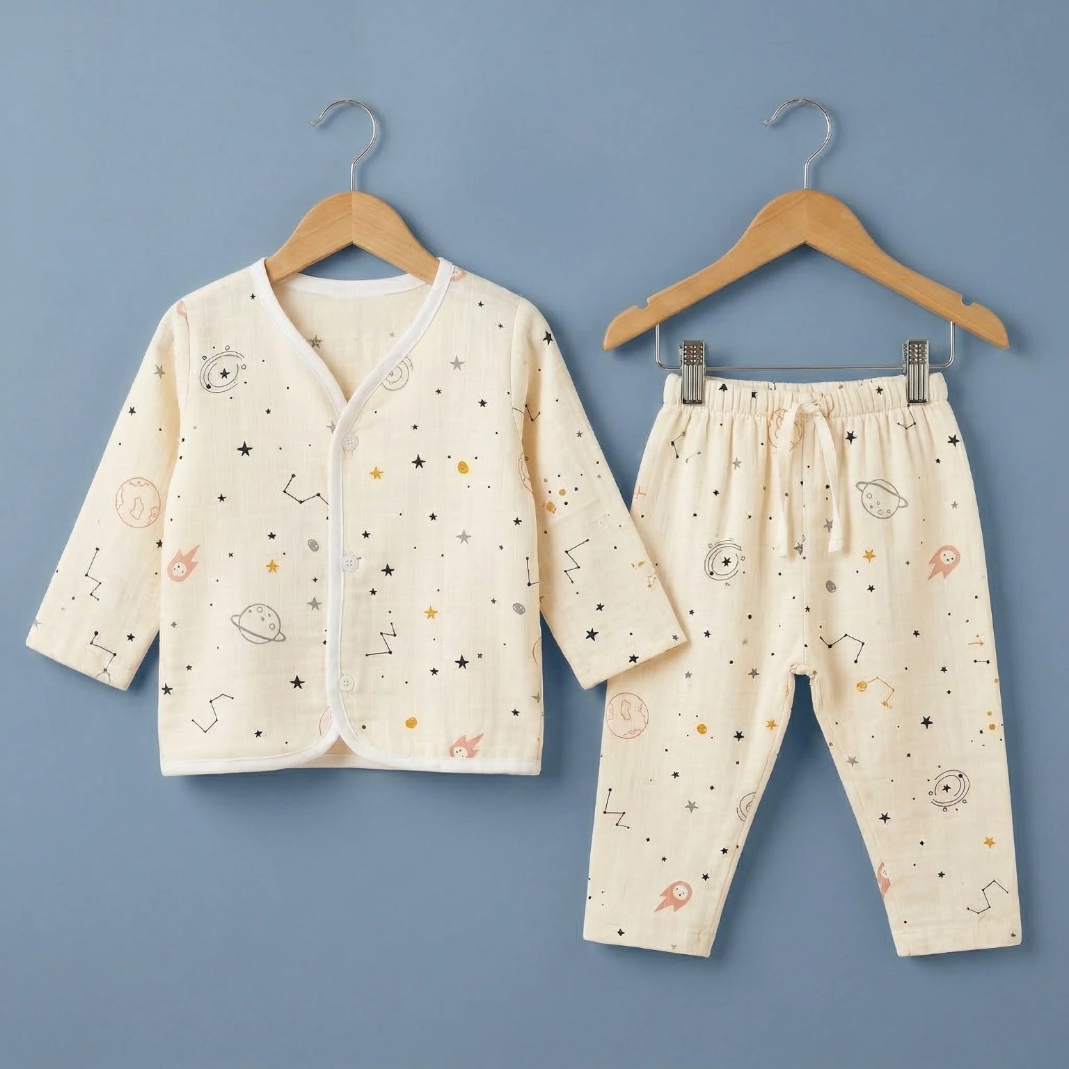 Cream Stars – Full Sleeve Muslin Night Suit Momuko Kids