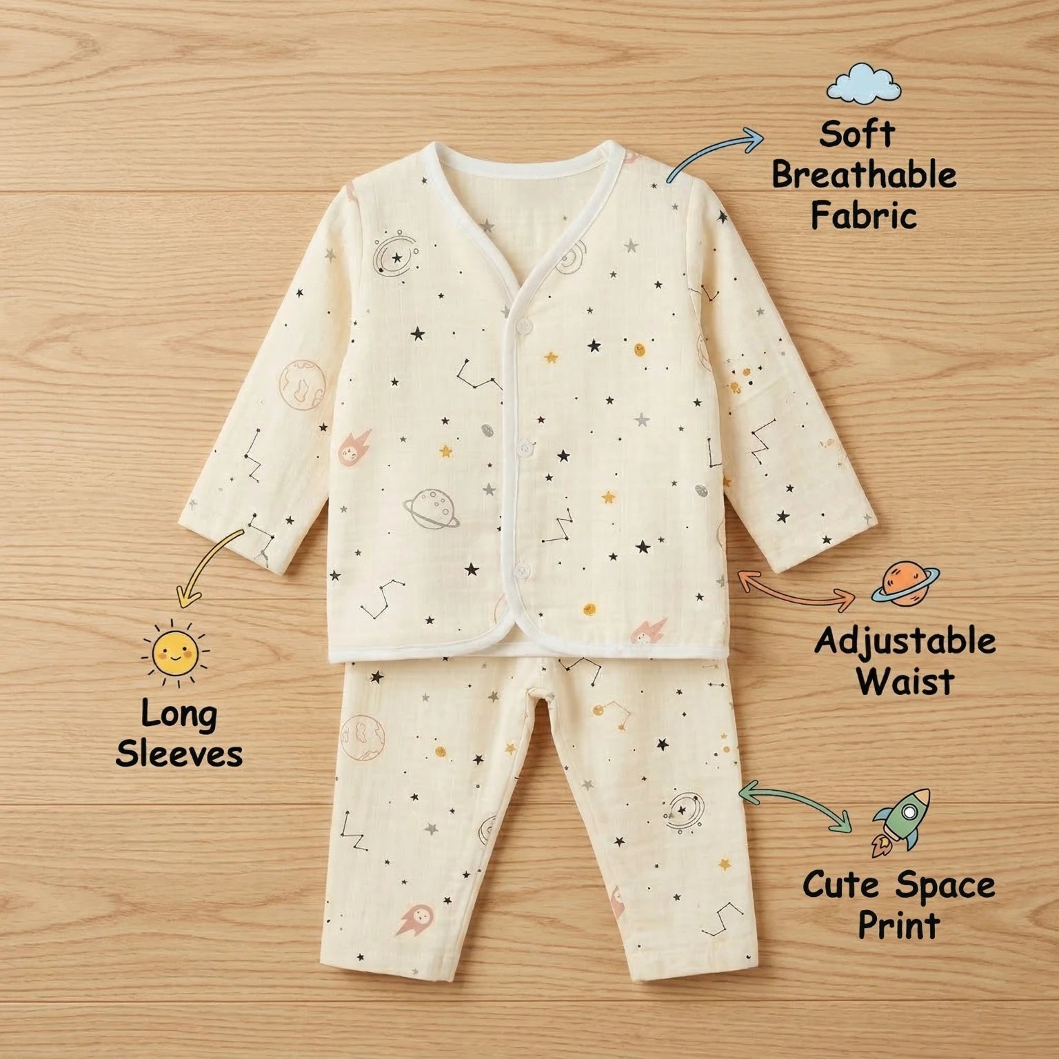 Cream Stars – Full Sleeve Muslin Night Suit